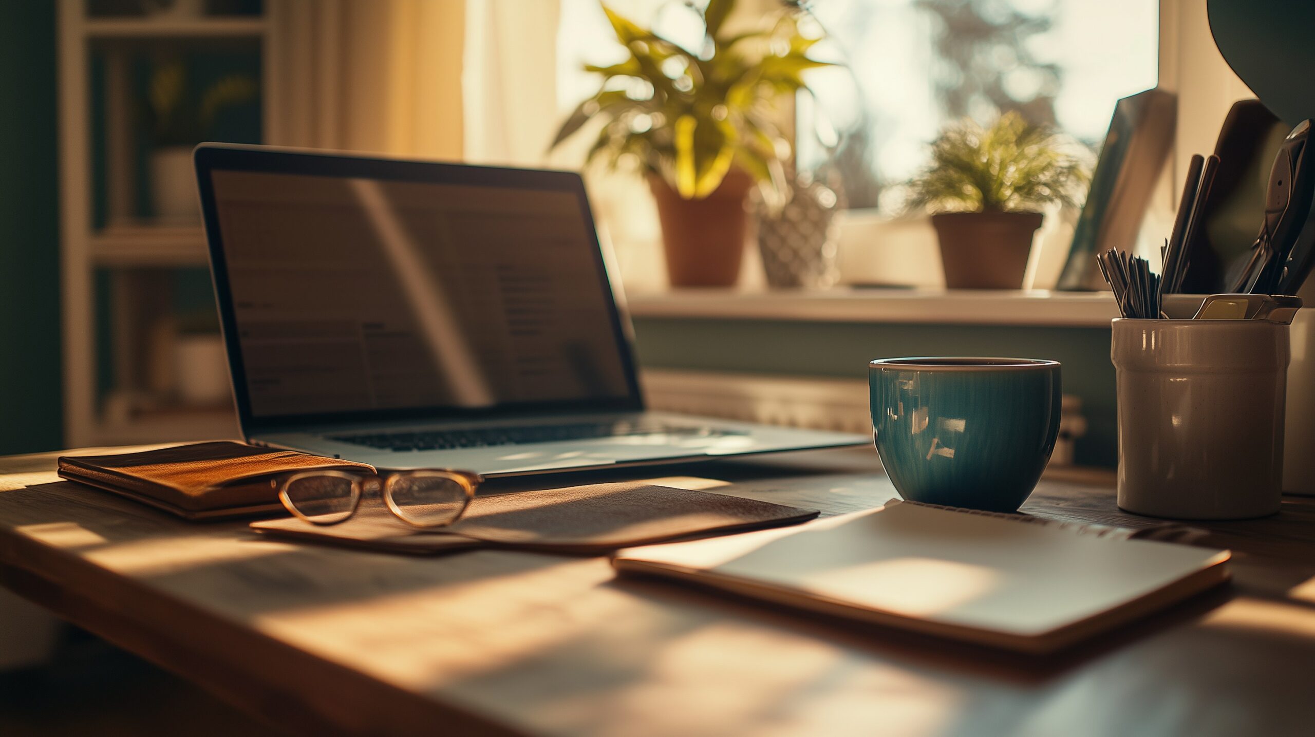 Ruhiger Schreibtisch im Morgenlicht mit Laptop, Kaffeetasse und Notizbuch — Symbolbild für den schriftlichen Erstkontakt