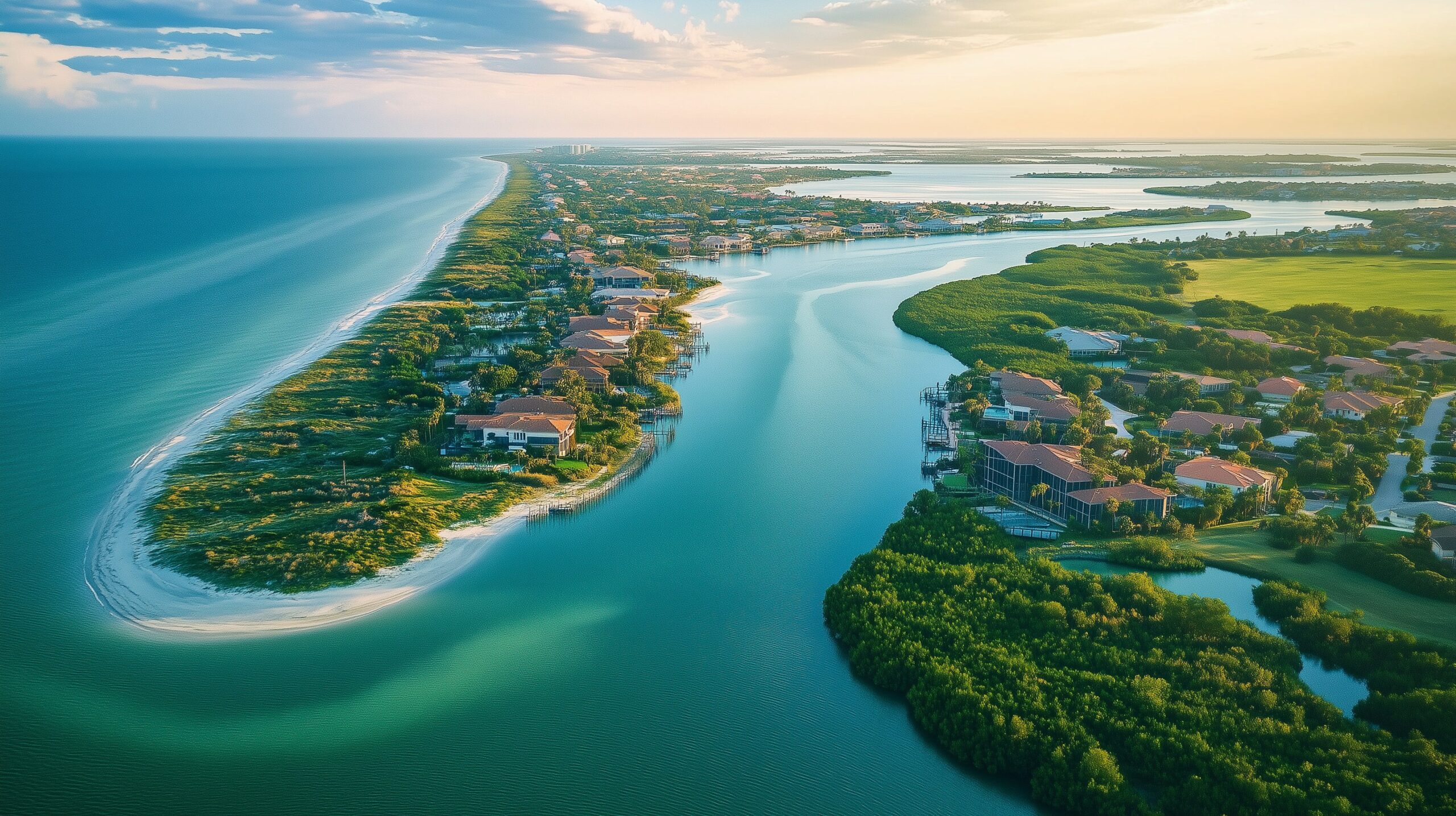 Luftaufnahme der Florida Gulf Coast mit Mangrovenküsten, türkisem Wasser, Sandstränden und Wohnvierteln — warmes Nachmittagslicht über Manatee County