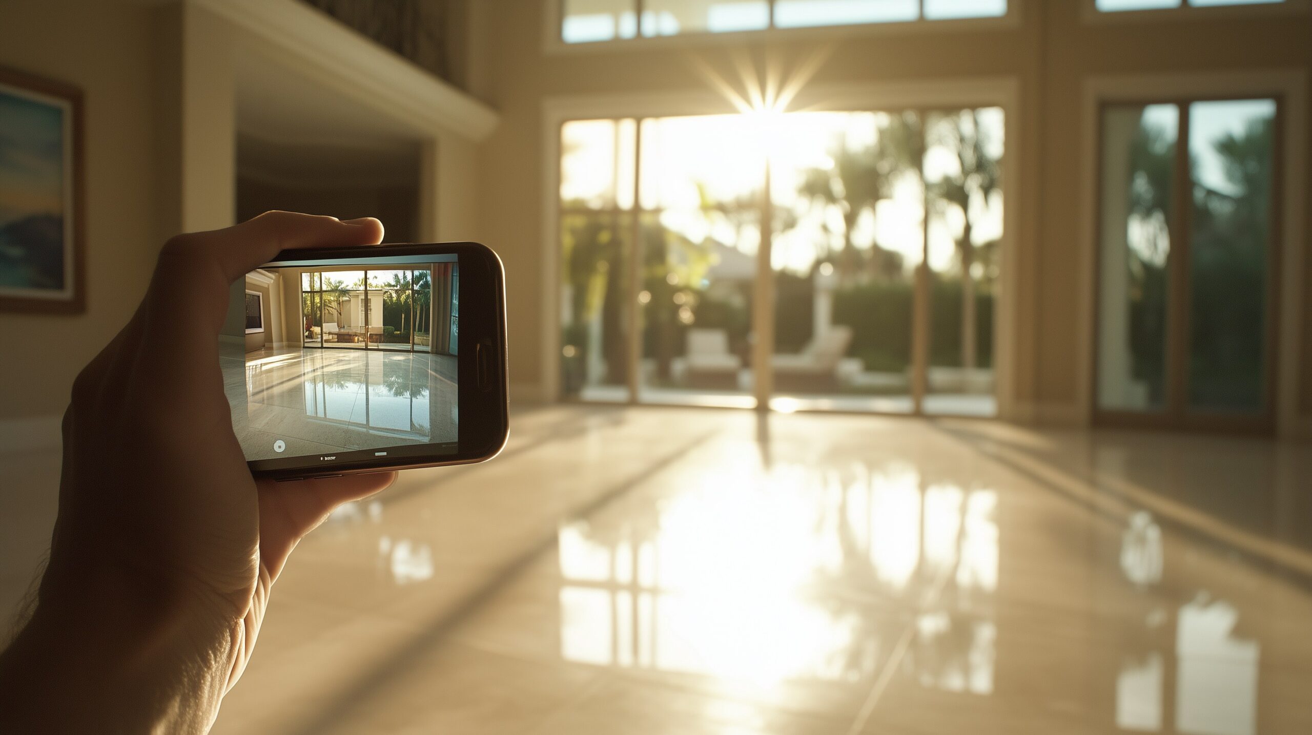 Hand mit Smartphone filmt Videorundgang in einem hellen leeren Florida-Haus mit Terrassentüren und Tageslicht