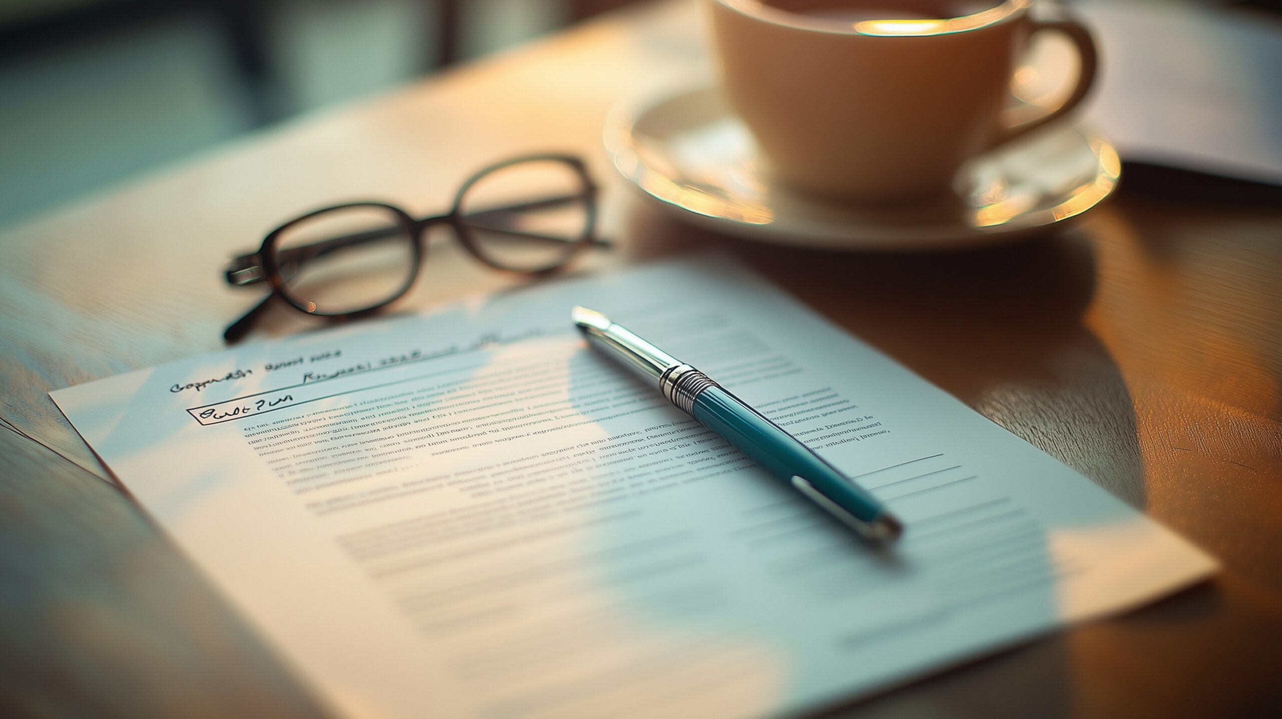 Kaufvertrag mit silbernem Füller, Lesebrille und Kaffeetasse auf warmem Holztisch bei Morgenlicht — Symbolbild für Vertragsverhandlung