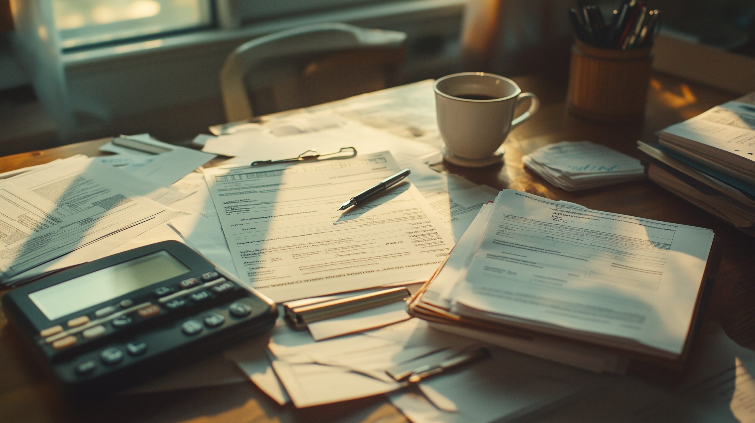 FIRPTA-Einbehaltung — IRS Formular 8288 und Abschlussdokumente mit Calculator auf Holztisch, warme Morgensonne