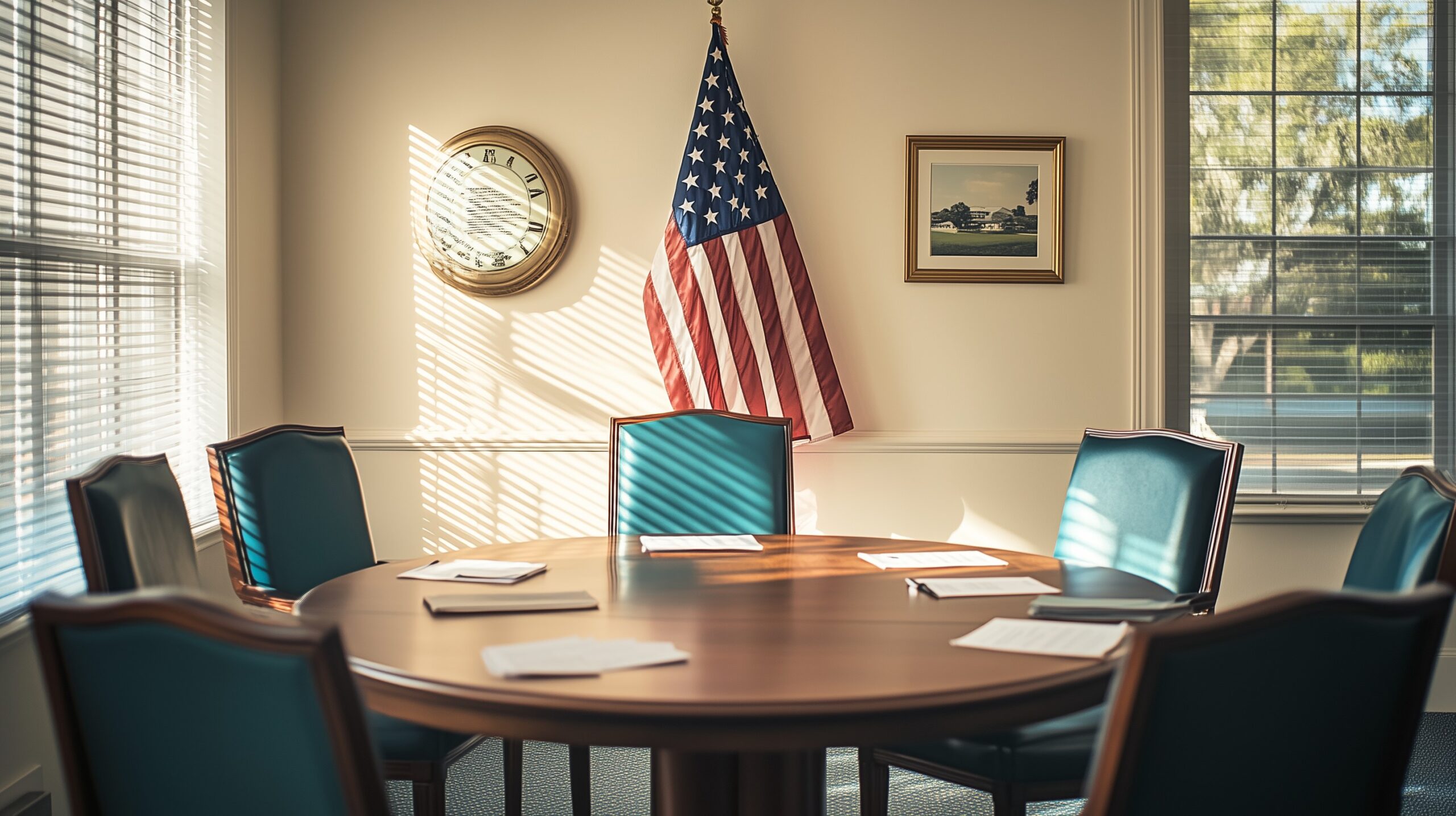 Meetingraum einer Title Company in Florida mit rundem Holztisch, Teal-Stühlen und US-Flagge — warmes Licht durch Jalousien