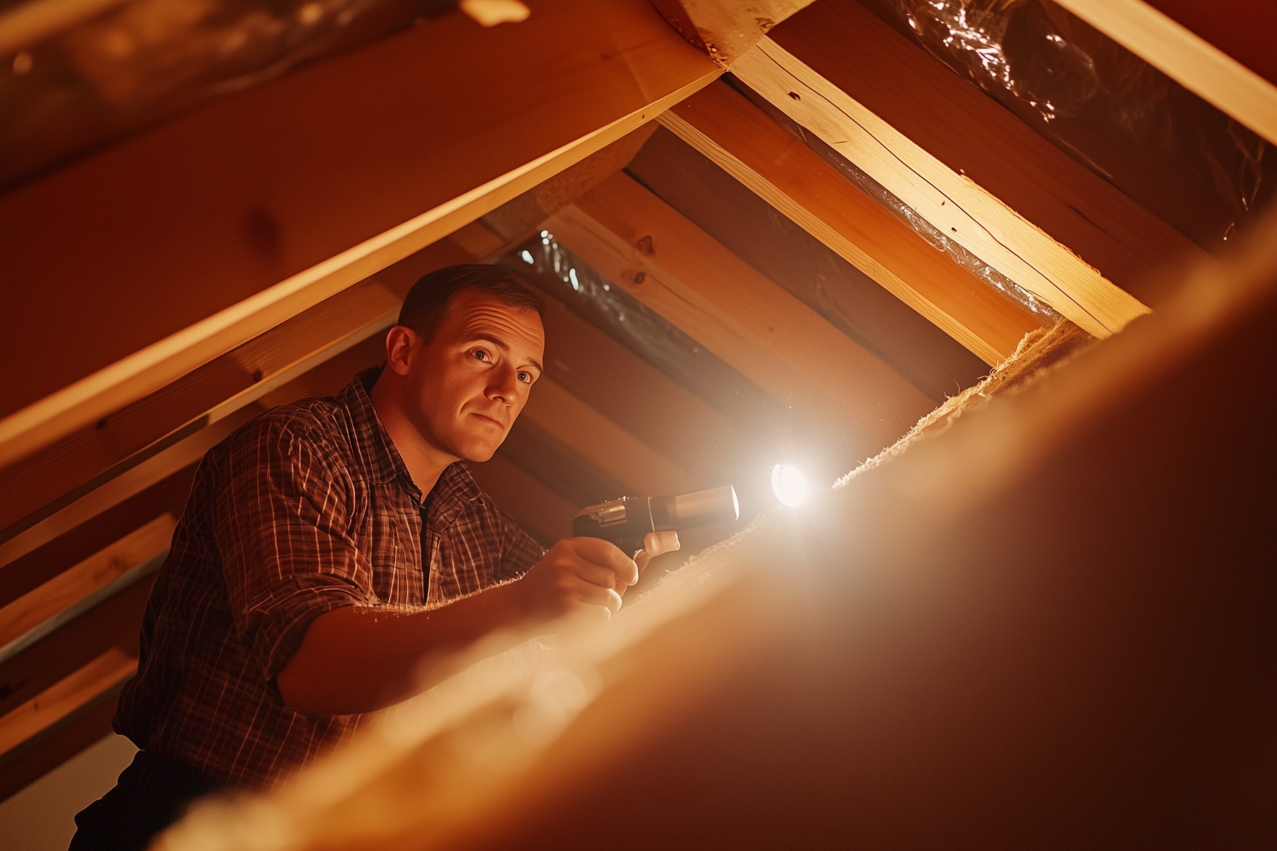 Home Inspector mit Taschenlampe bei der Dachstuhlprüfung in einem Florida-Haus — konzentrierte Inspektion von Holzbalken und Struktur