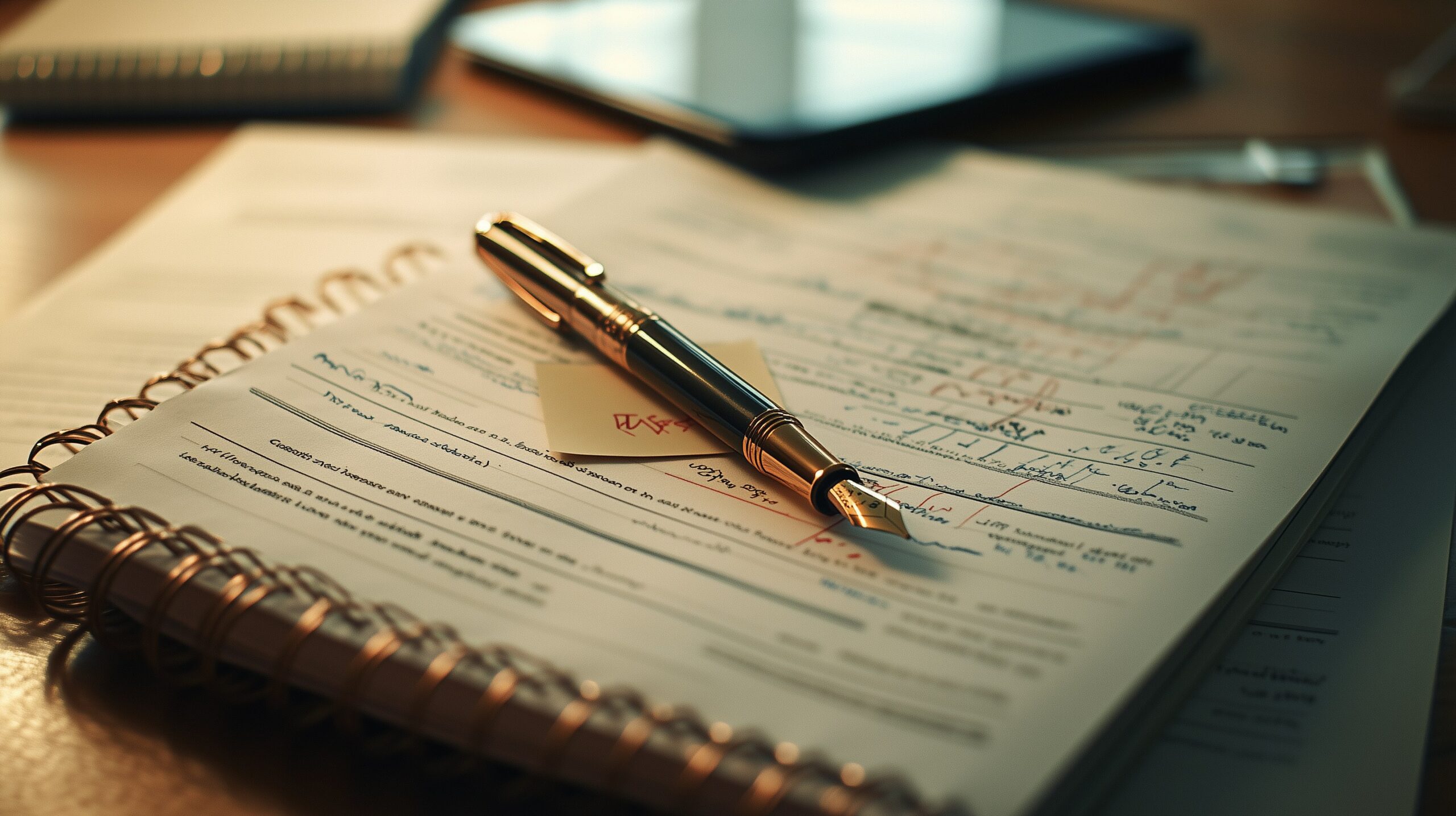 Home Inspection Report mit Nachverhandlungsnotizen — Spiralbuch mit rot markierten Stellen, Tablet mit Reparaturschätzungen, Füller auf Sticky Note