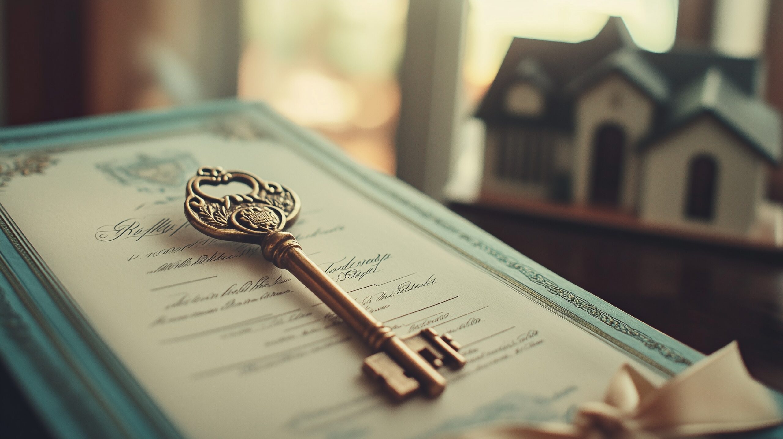 Title Insurance Police — Policepapier mit goldenem Siegel, Schleife und brassigem Hausschlüssel, kleine Florida-Villa im Hintergrund