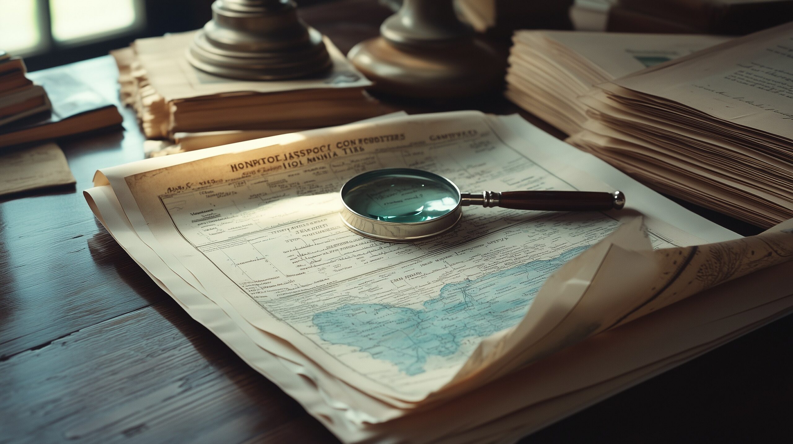 Title Search für Florida-Immobilie — Warranty Deed mit Embossed Seal, Lupe, historische Landakten und Manatee County Karte auf Holztisch