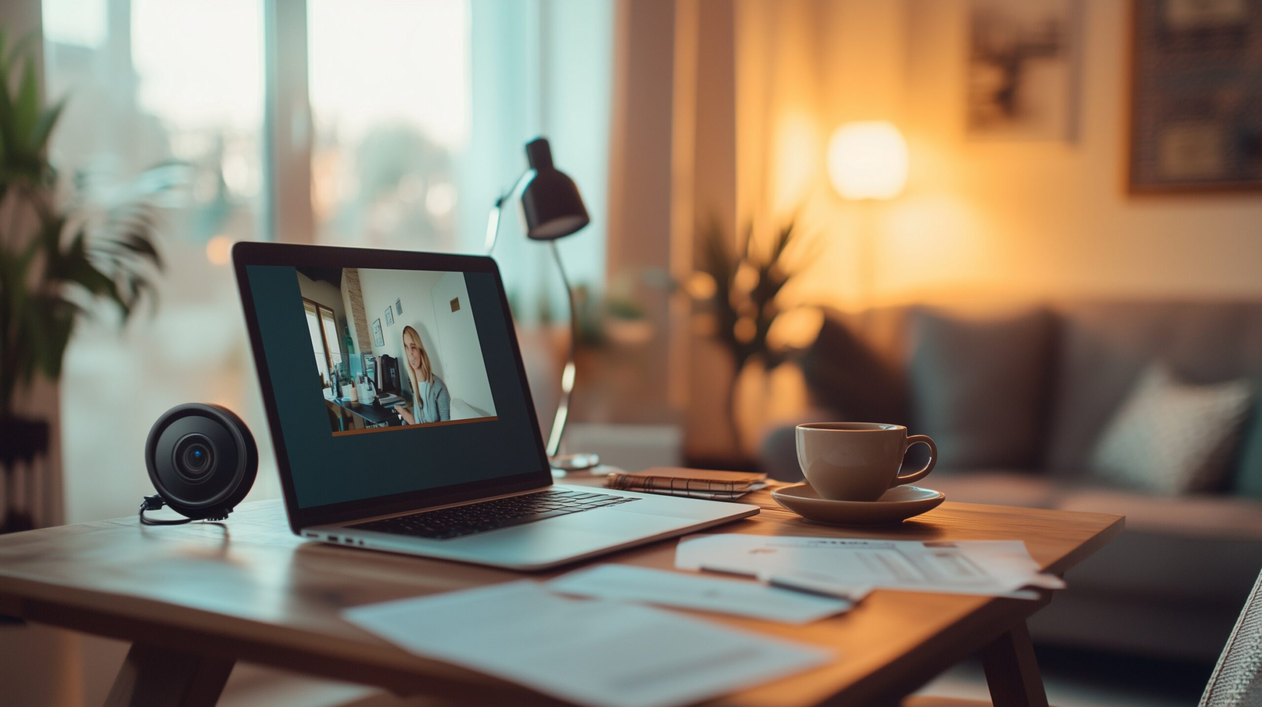 Remote Online Notary für Reisepass-Beglaubigung — Laptop mit Video-Session, Webcam und Ring Light auf Holztisch