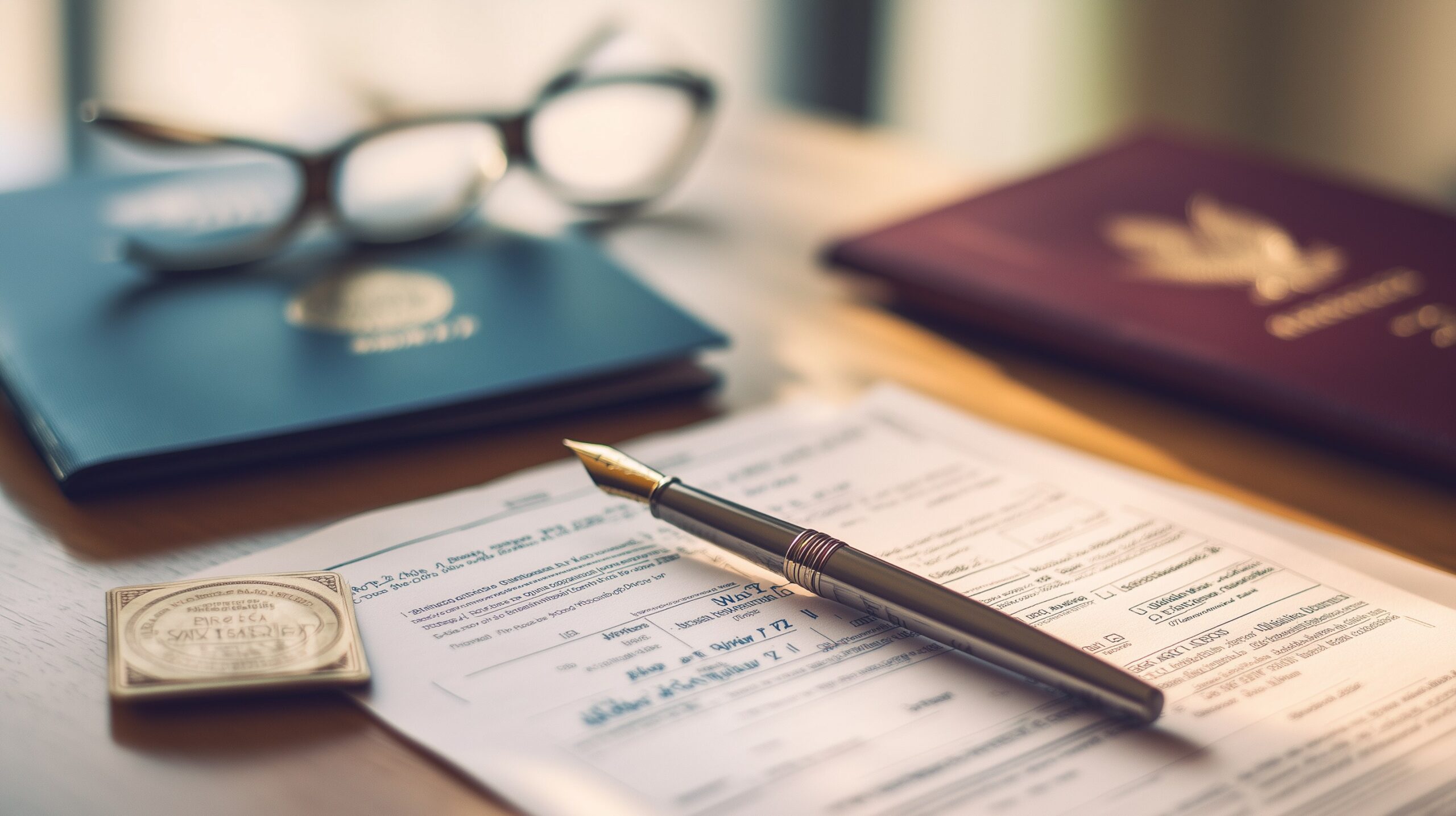 ITIN-Antrag für deutsche Käufer — IRS Formular W-7, deutscher Reisepass, Notarstempel und Füller auf Holztisch