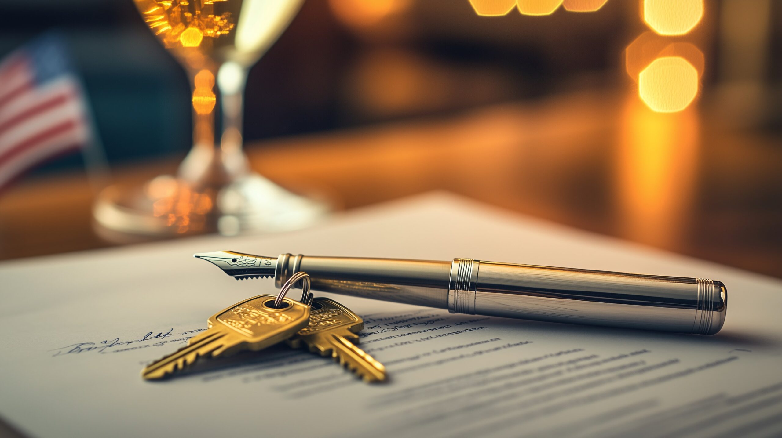 Closing Day in Florida — signierte Warranty Deed mit Füller und Schlüsseln auf Holztisch, US-Flagge und Champagnerglas im Hintergrund