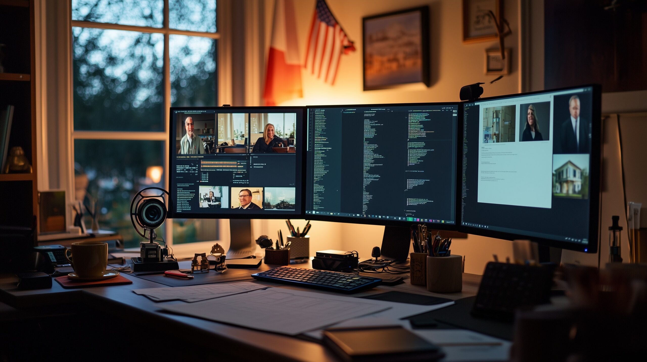 Remote Online Notary Closing für Florida-Käufer — Home Office mit mehreren Monitoren, Video Conference und Abschlussdokumenten, US- und Deutschlandflagge