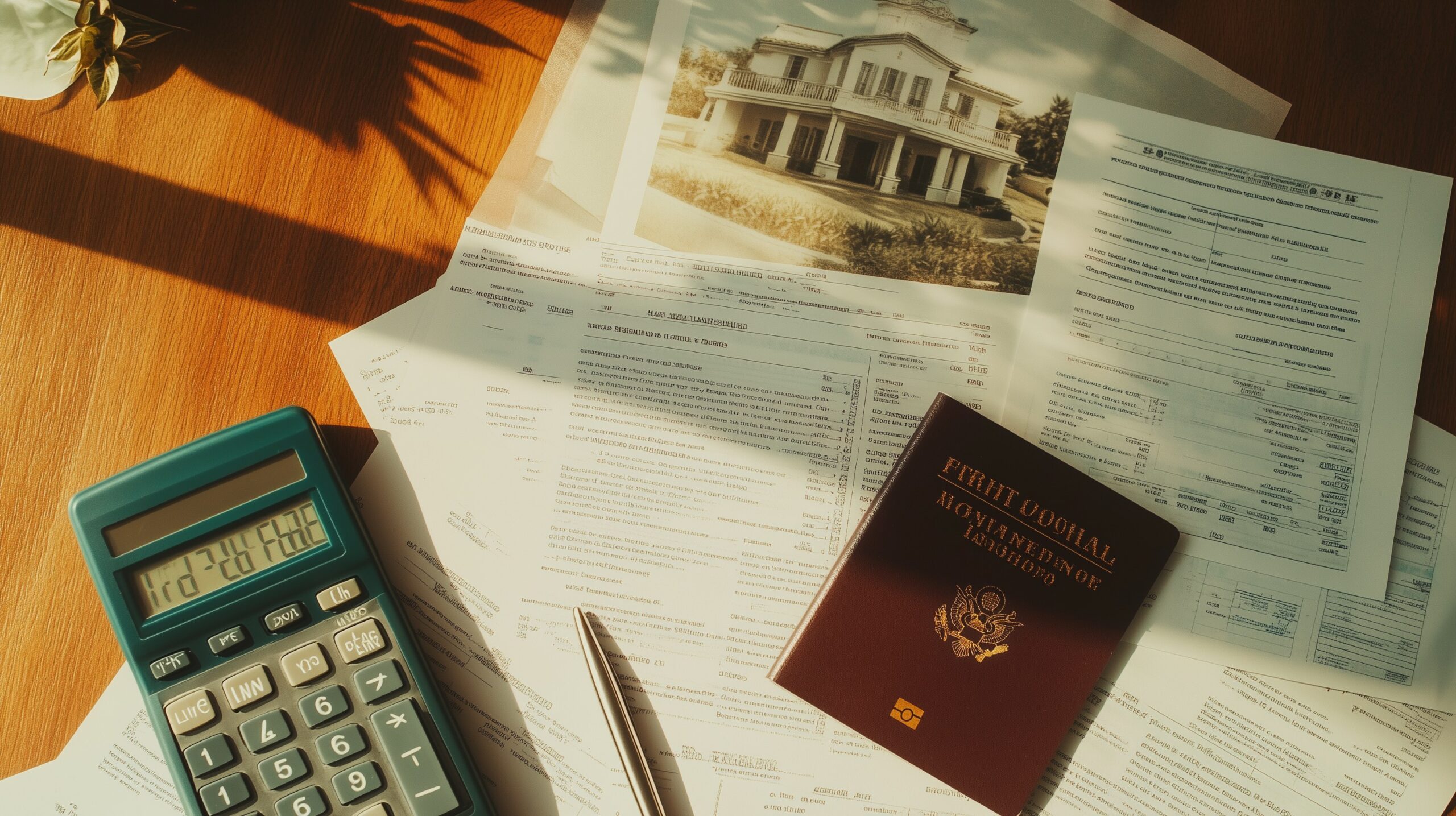Foreign National Loan Antrag — deutscher Reisepass, Kreditunterlagen, Kontoauszüge und Kalkulator auf Holztisch mit Architekturmodell im Hintergrund