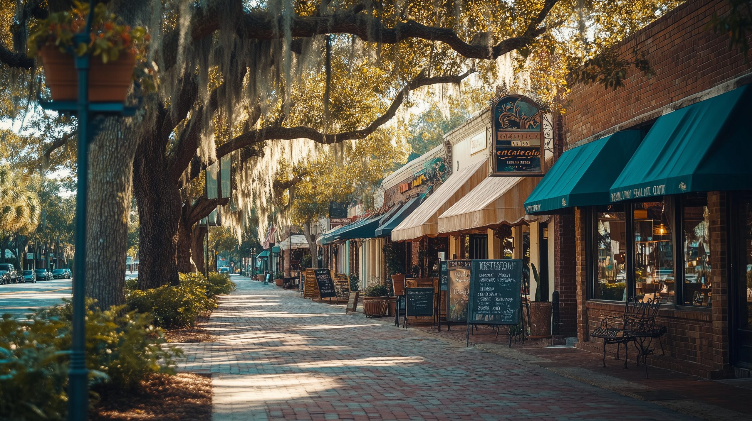 Bradenton Downtown — baumbestandene Straße mit historischen Backstein-Storefronts und Spanish Moss an den Eichen
