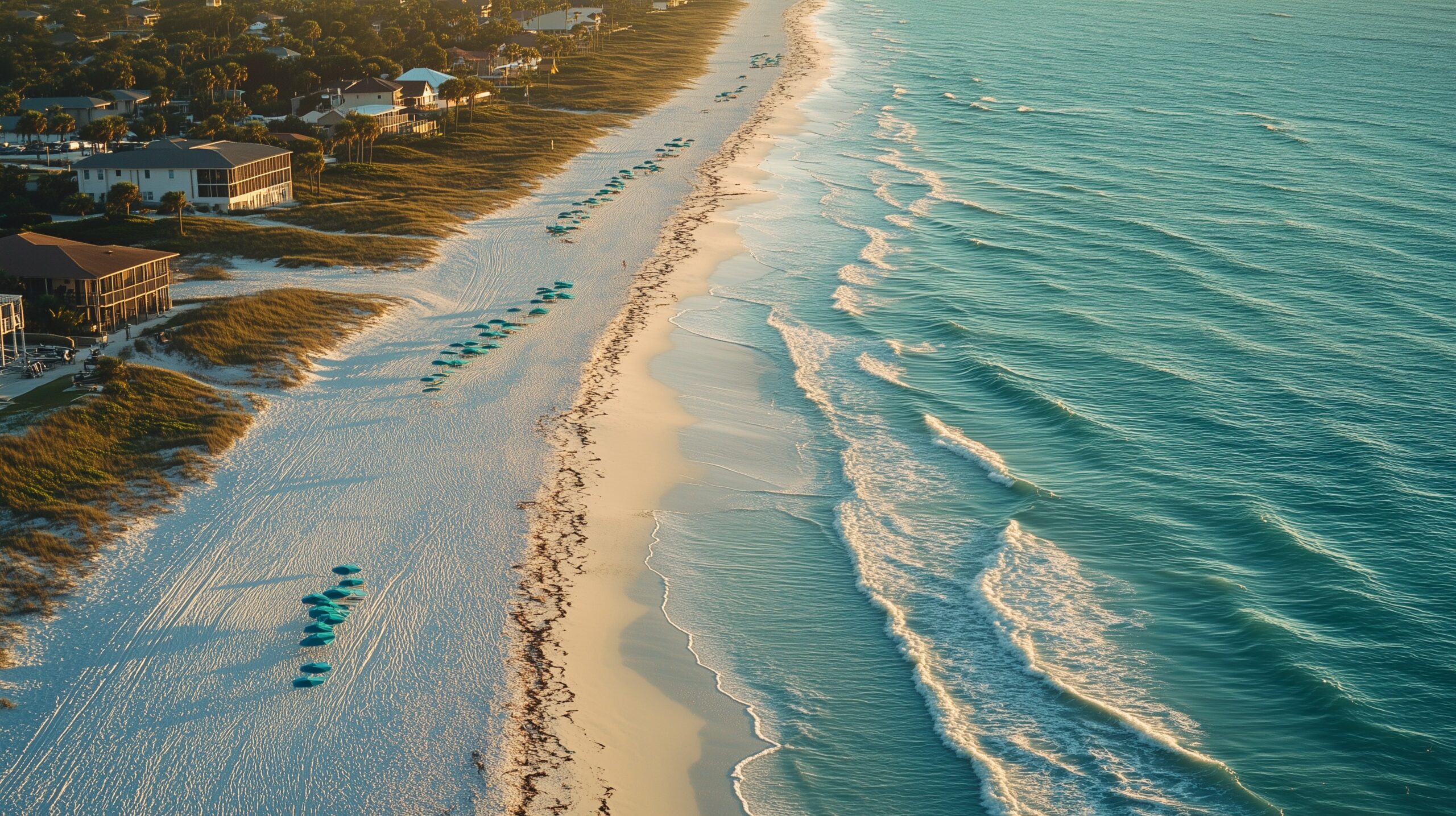 Siesta Key und Longboat Key — Luftaufnahme der weißen Quartzsandstrände und türkisen Gulf-Wasser vor Sarasota