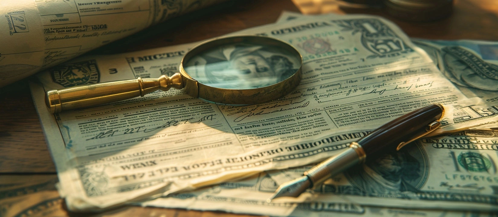 Vintage US-Dollar-Noten und Steuerdokumente auf Eichenholz-Schreibtisch mit Messinglupe und Federhalter