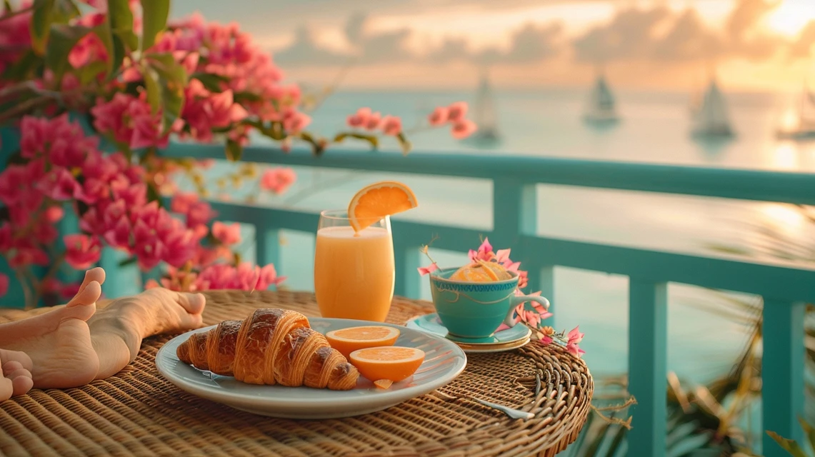 Entspanntes Frühstück auf einer Florida-Terrasse mit frisch gepresstem Orangensaft, Croissants und Blick auf den Golf mit Segelbooten