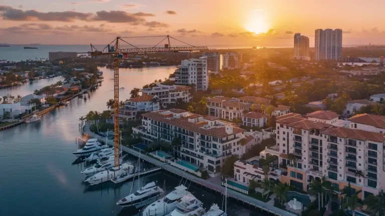 Luftaufnahme einer blühenden Florida-Küstenstadt mit modernen Neubauten, Marinas und Palmen im goldenen Abendlicht