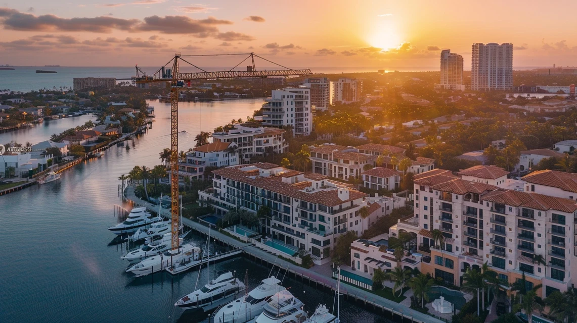 Luftaufnahme einer blühenden Florida-Küstenstadt mit modernen Neubauten, Marinas und Palmen im goldenen Abendlicht