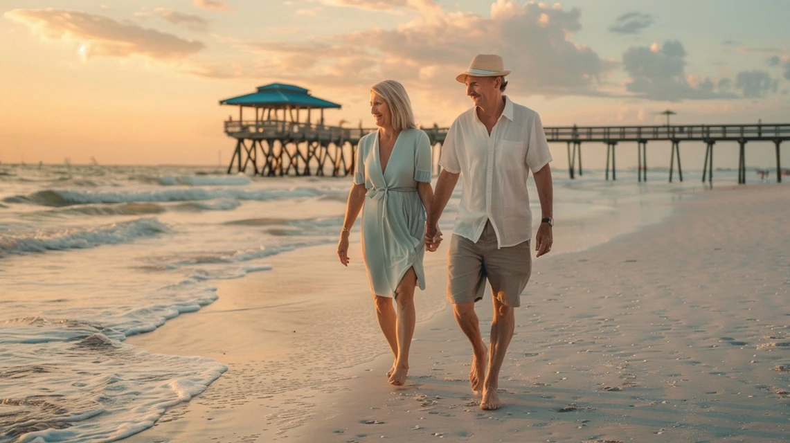 Glückliches Paar in den Fünfzigern spaziert barfuß am Strand der Florida Gulf Coast im goldenen Abendlicht