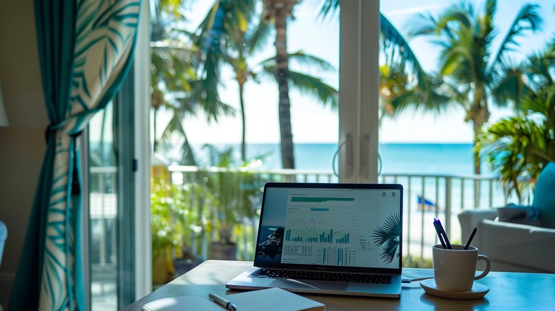 Modernes Home Office mit Laptop und Finanzgrafiken, Blick auf Floridas Golfküste mit Palmen und türkisem Wasser