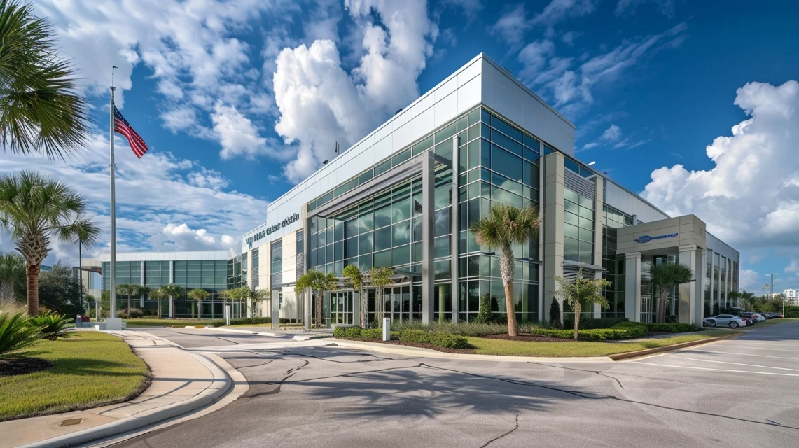 Moderne Halbleiterfabrik in Florida mit Glasarchitektur, Palmen und amerikanischer Flagge – Symbol der Reshoring-Welle