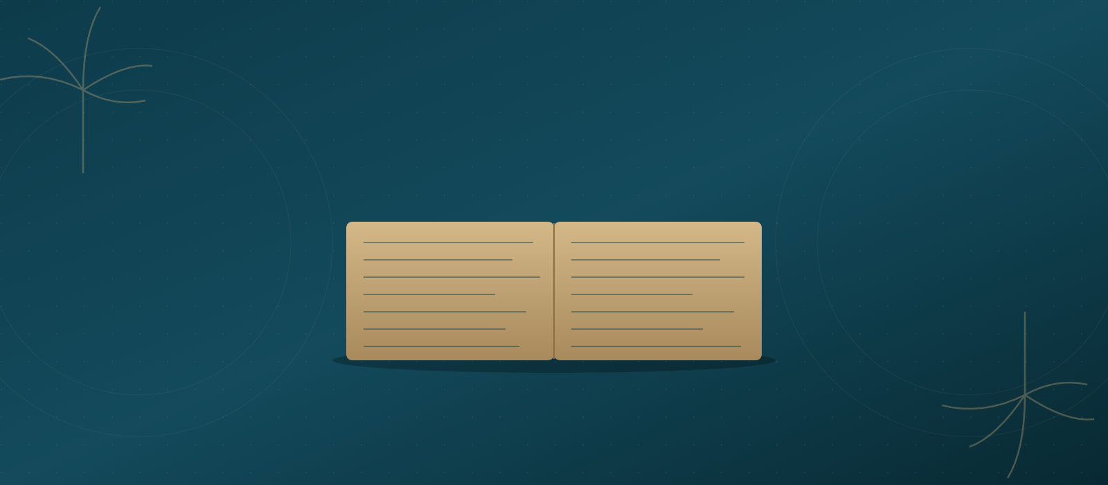 Aufgeschlagenes goldenes Buch auf tiefem Teal-Hintergrund mit Palmen-Ornamenten — Symbol für Fachwissen zum Florida-Immobilienkauf