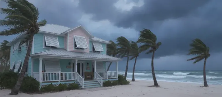 Küstenhaus in Florida mit geschlossenen Sturmläden vor einem Hurrikan