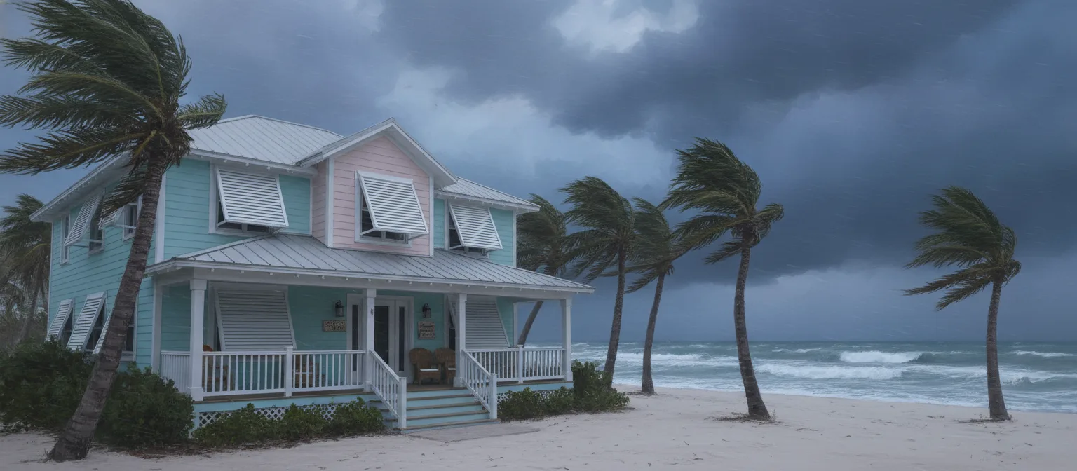 Küstenhaus in Florida mit geschlossenen Sturmläden vor einem Hurrikan