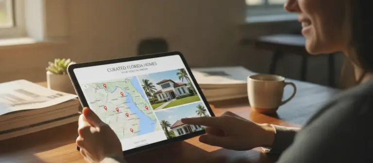 Person sichtet am Tisch eine kleine Auswahl von Exposés für Florida-Immobilien