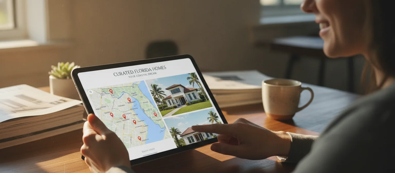 Person sichtet am Tisch eine kleine Auswahl von Exposés für Florida-Immobilien