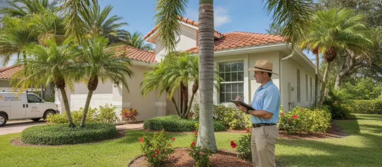 Bausachverständiger prüft mit Klemmbrett ein Wohnhaus in Florida