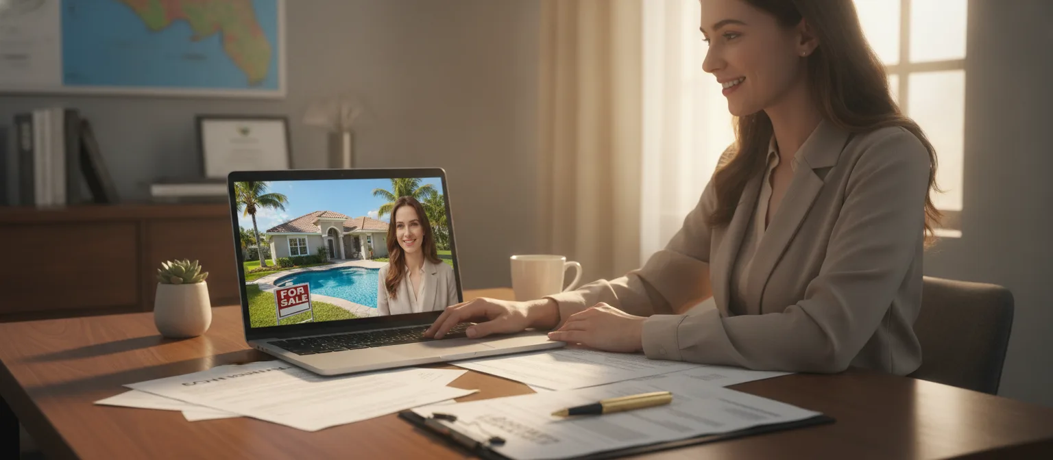 Immobilienmaklerin in einer Videokonferenz am Laptop während der Kaufverhandlung