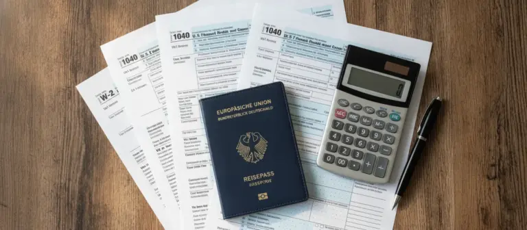 US-Steuerformulare neben einem deutschen Reisepass auf einem Schreibtisch