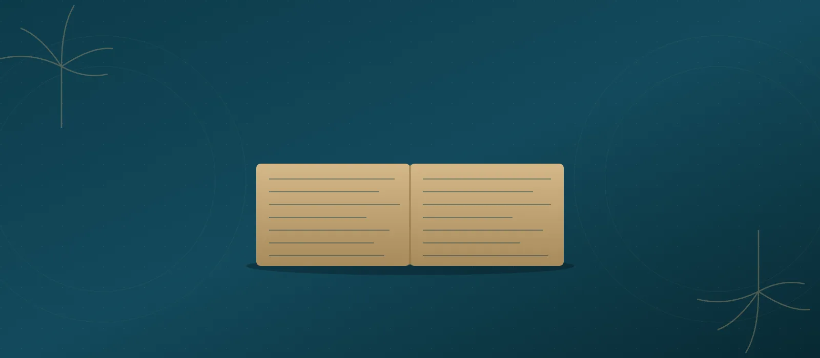 Aufgeschlagenes goldenes Buch auf tiefem Teal-Hintergrund mit Palmen-Ornamenten — Symbol für Fachwissen zum Florida-Immobilienkauf