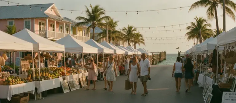 Die Bridge Street auf Anna Maria Island im Abendlicht mit Läden und Spaziergängern