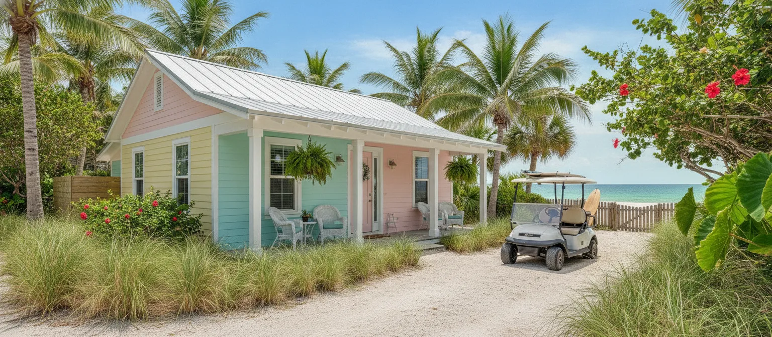 Pastellfarbenes Ferienhaus auf Anna Maria Island mit Veranda und Palmen
