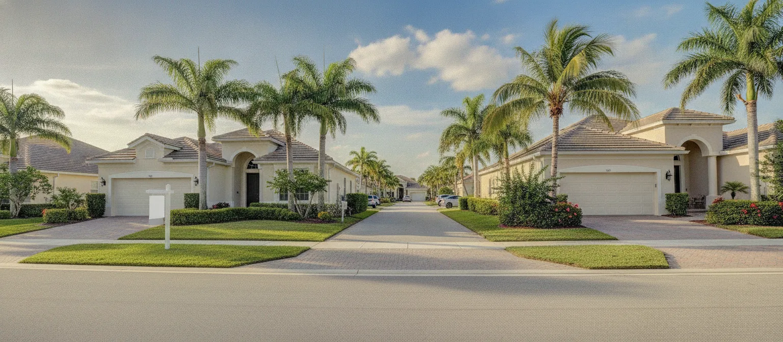 Wohnhaus in Florida mit Verkaufsschild im Vorgarten